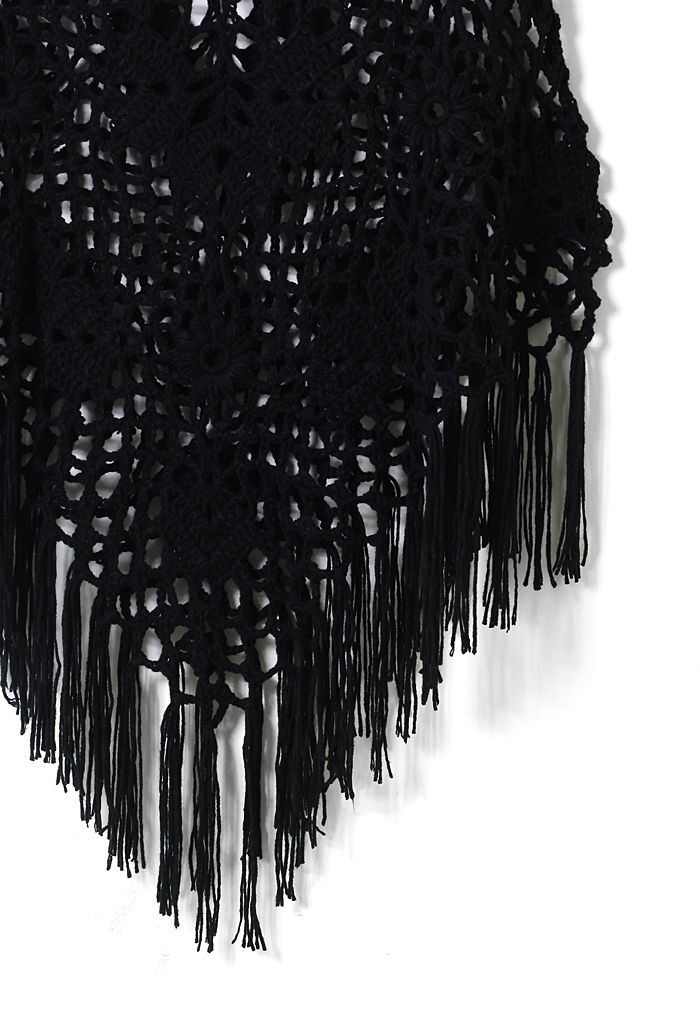 Delicate Hand-knit Fringe Cape in Black