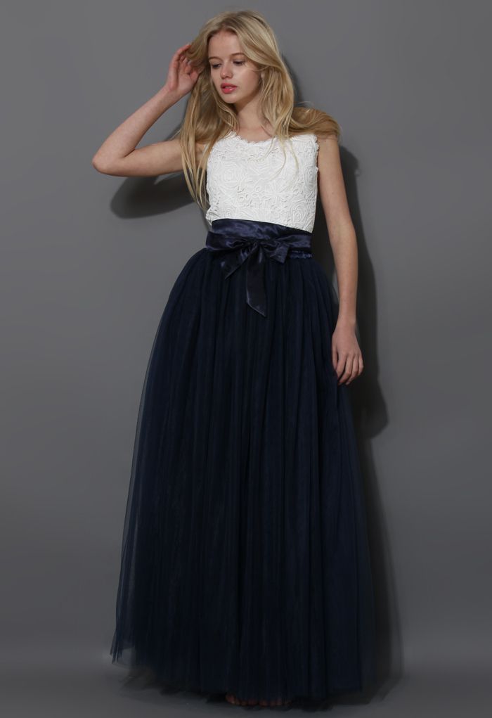 Amore Maxi Tulle Prom Skirt in Navy