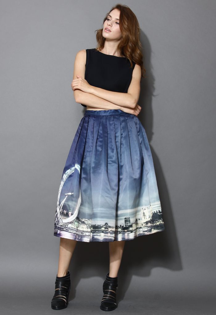 Night Skyline of London Print Midi Skirt