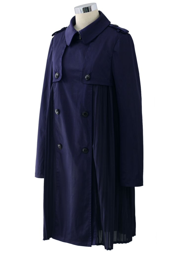 Chic Pleats Double Breasted Coat in Navy 