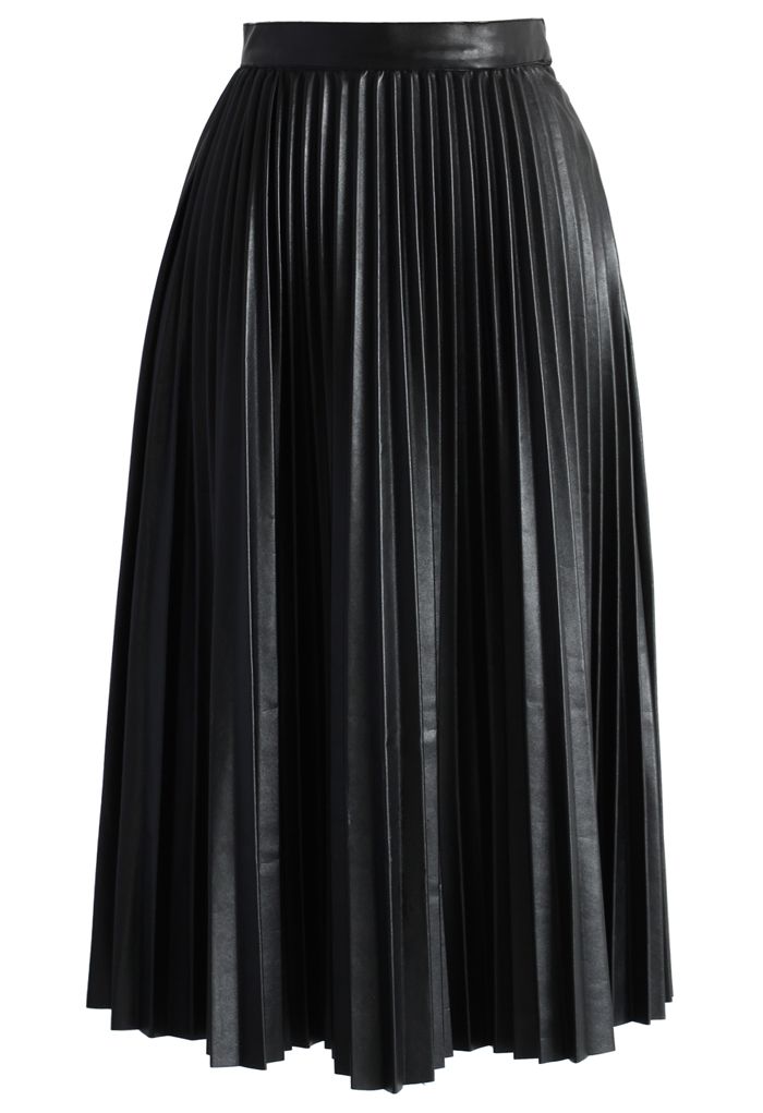 Pleated Faux Leather Midi Skirt in Black