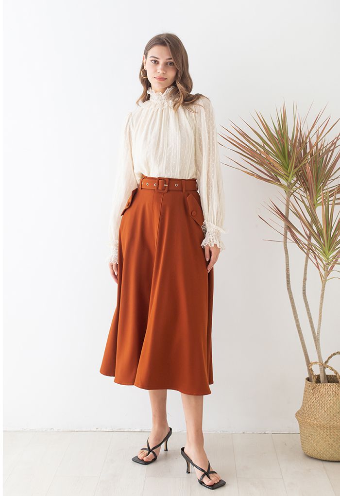 High Waist Side Pocket Belted Skirt in Rust Red