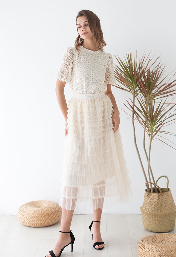 Adorable Tiered Ruffle Mesh Tulle Skirt in Cream