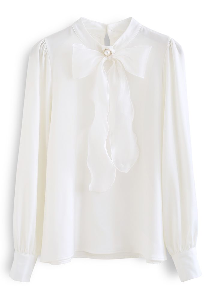 Shimmer Bowknot Satin Shirt in White