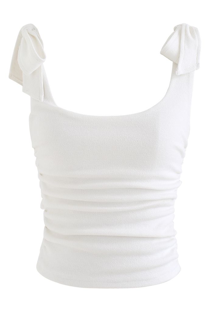 Ruched Side Tie-Bow Crop Cami Top in White