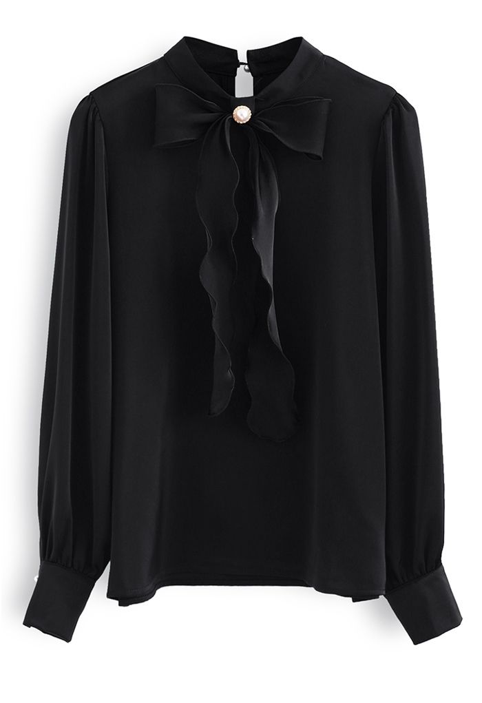 Shimmer Bowknot Satin Shirt in Black