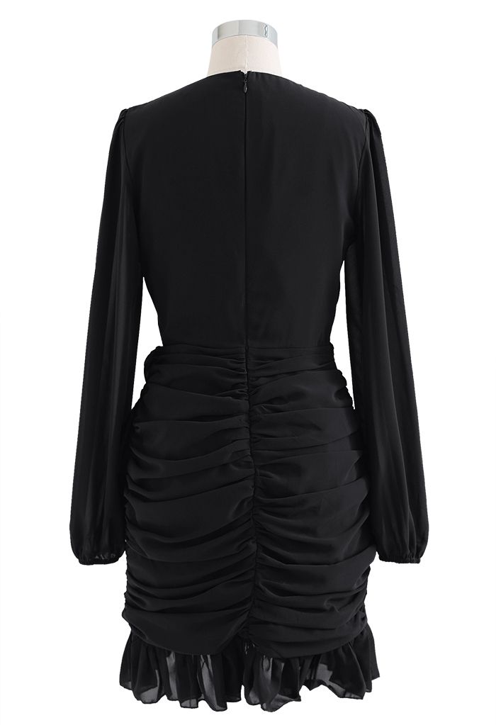 V-Neck Ruffle Hem Chiffon Mini Dress in Black - Retro, Indie and Unique ...