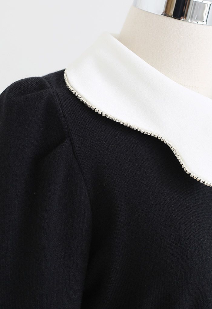 Detachable Collar Crop Knit Top in Black