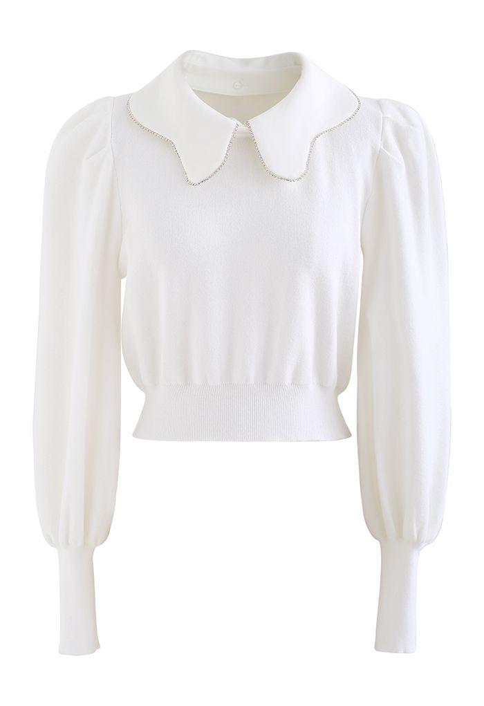 Detachable Collar Crop Knit Top in White - Retro, Indie and Unique Fashion