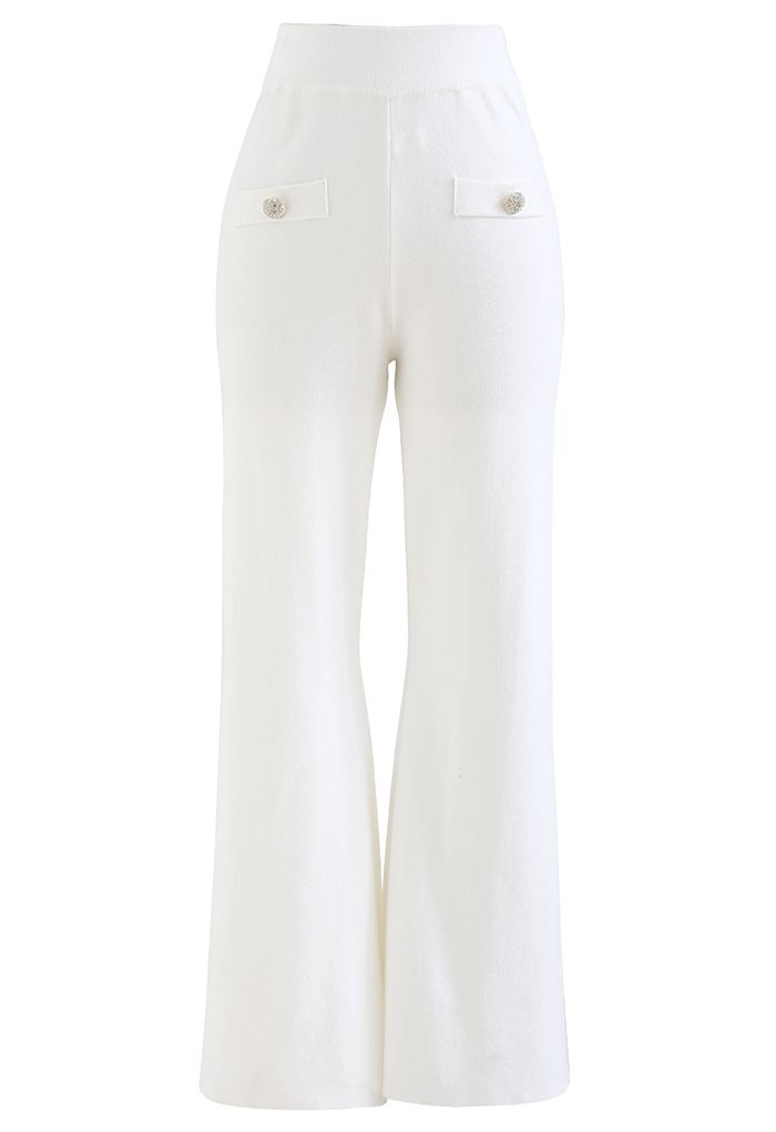 Straight Leg Buttoned Knit Pants in White