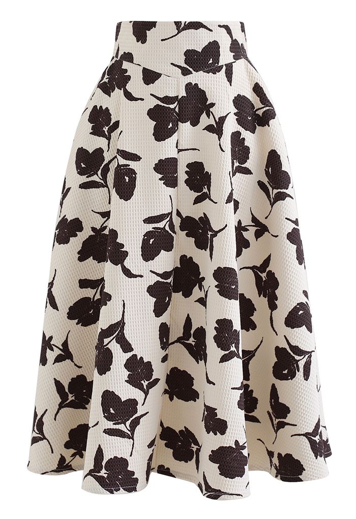 Floral Shadow Honeycomb Flare Skirt in Cream
