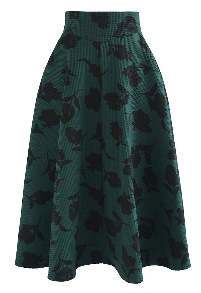 Floral Shadow Honeycomb Flare Skirt in Green