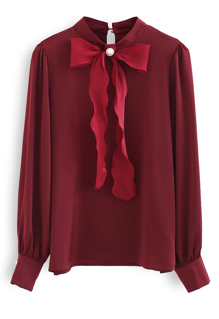 Shimmer Bowknot Satin Shirt in Burgundy - Retro, Indie and Unique Fashion
