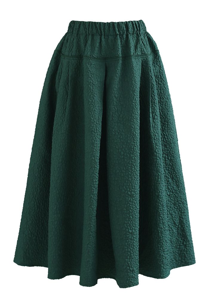 Side Pocket Pleated Embossed Midi Skirt in Green