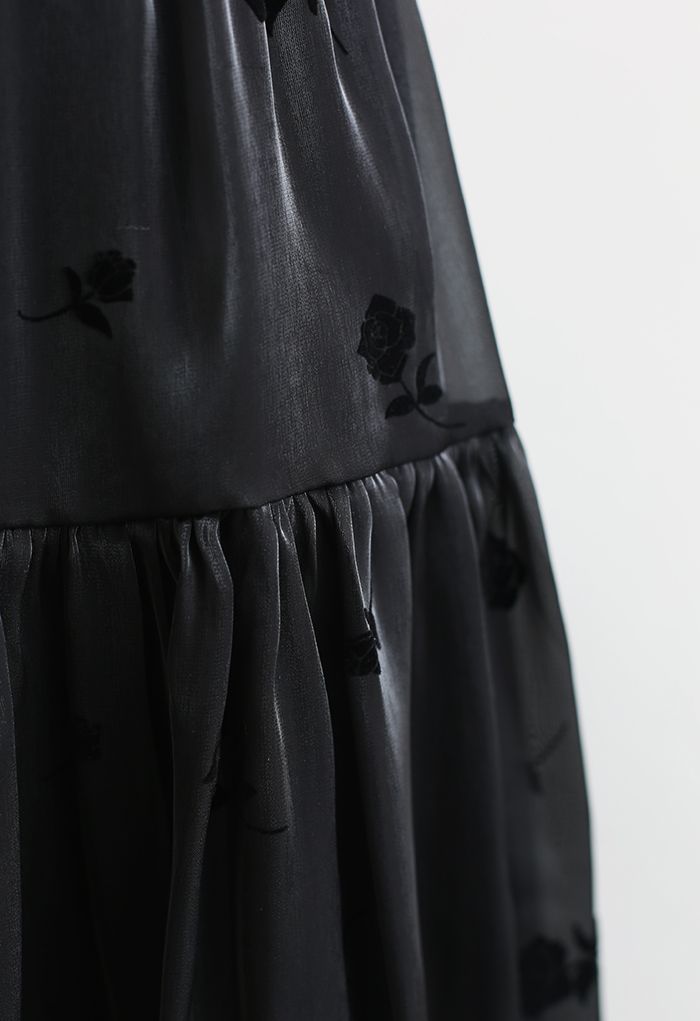 Velvet Rose Shimmer Organza Midi Skirt in Black