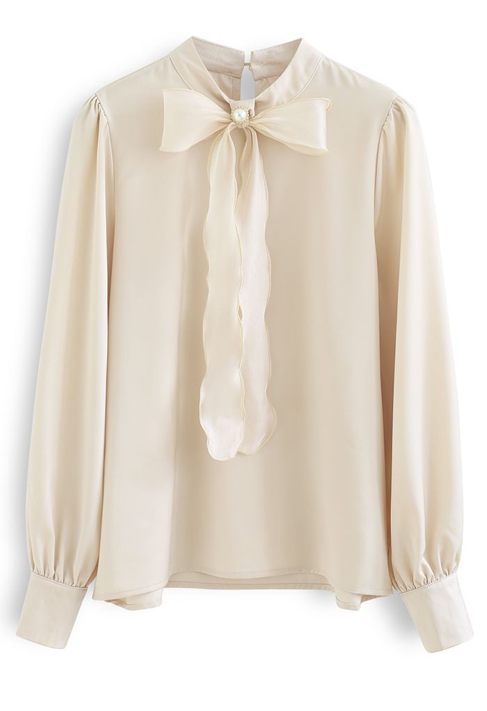 Shimmer Bowknot Satin Shirt in Light Tan - Retro, Indie and Unique Fashion