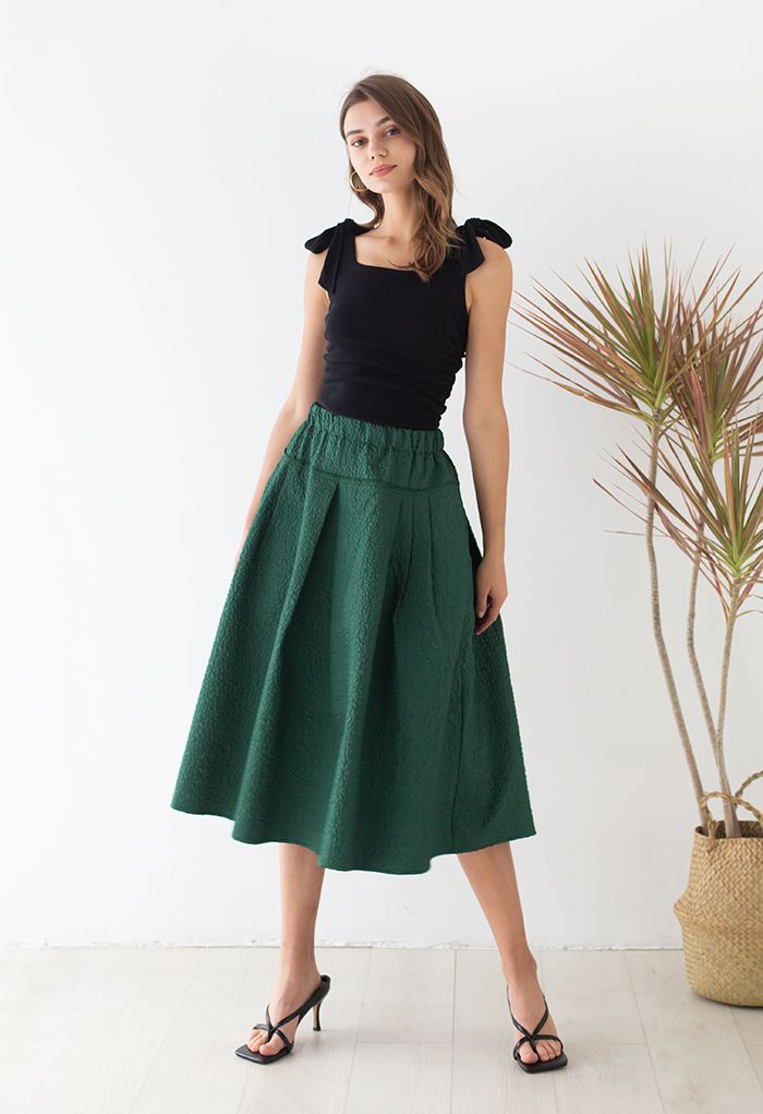 Side Pocket Pleated Embossed Midi Skirt in Green
