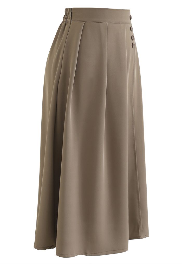 Four Buttons Decorated Pleated Skirt in Khaki