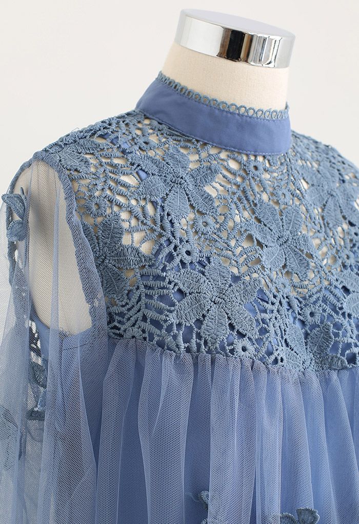 3D Crochet Flowers Mesh Dolly Top in Blue