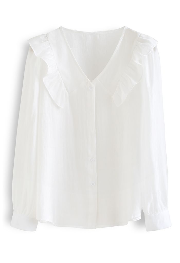 Collarless Ruffle Button Down Shirt in White - Retro, Indie and Unique ...