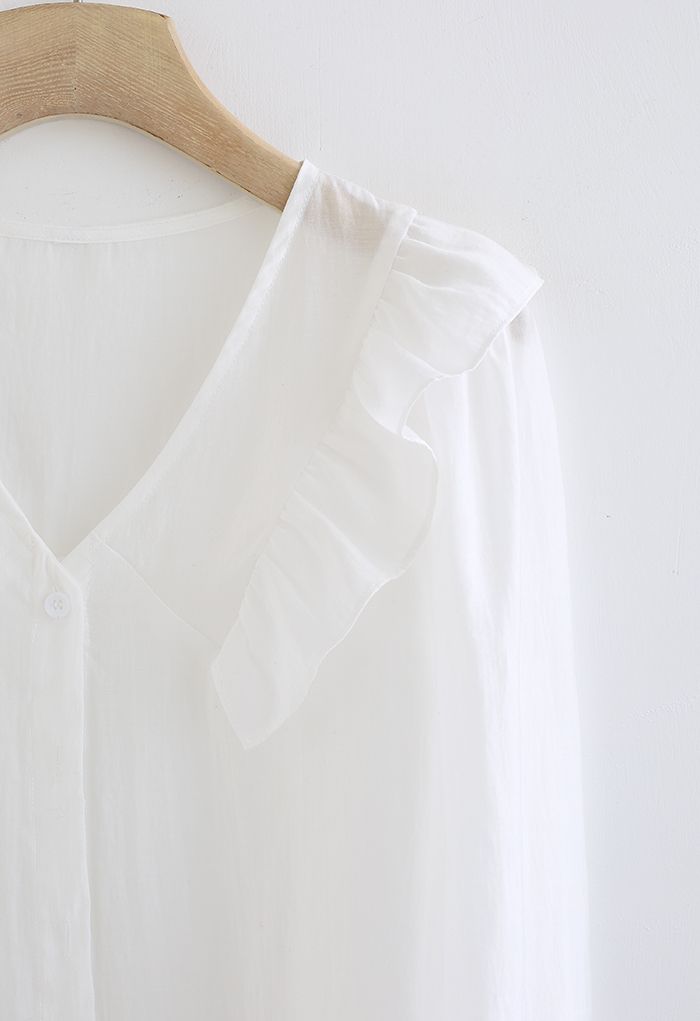 Collarless Ruffle Button Down Shirt in White