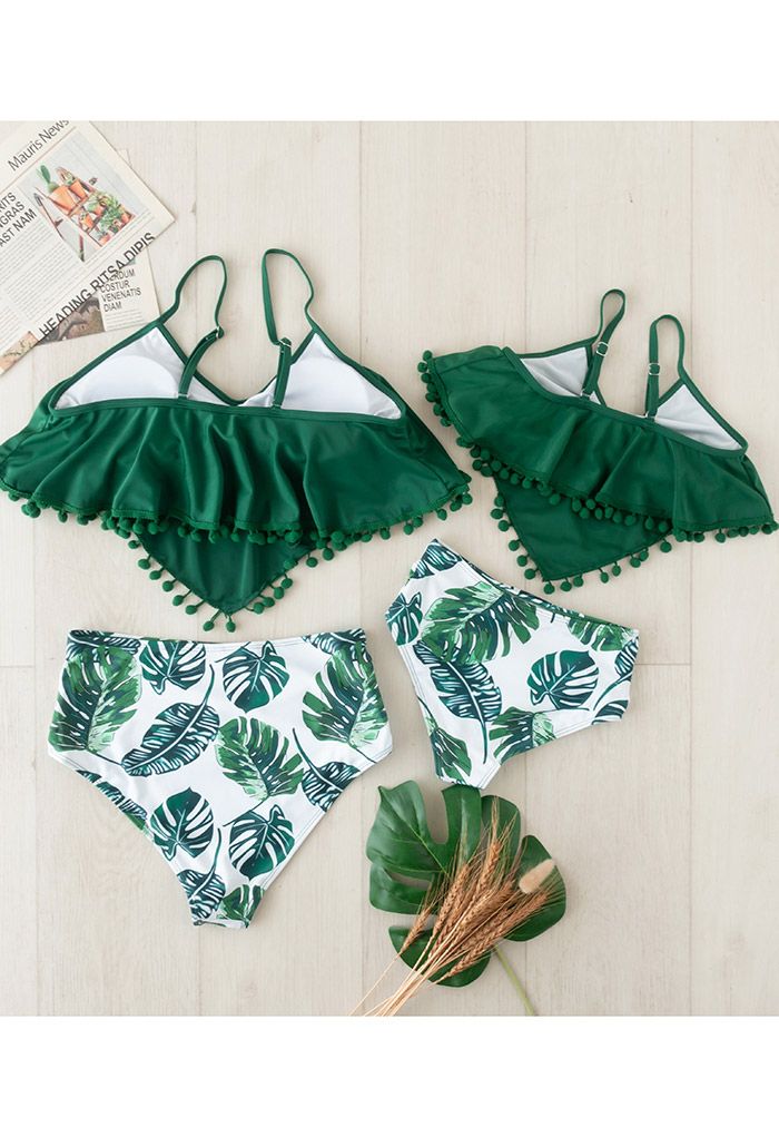 Leaf Print Cute Ball Trims Bikini Set for Mommy & Kids