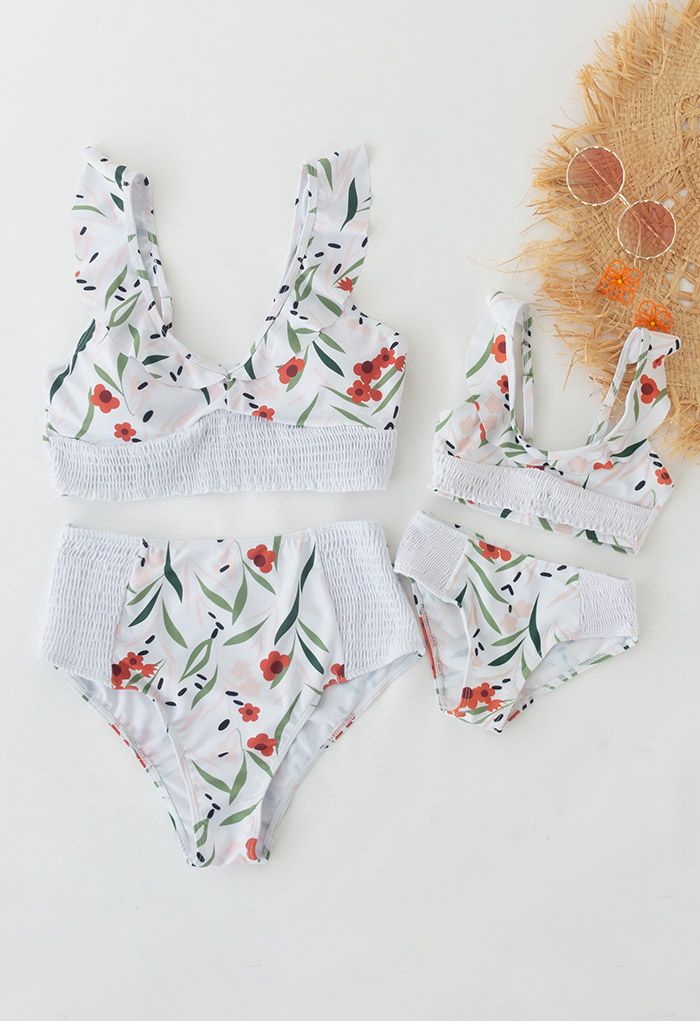 Orange Flower Ruffle Shirred Bikini Set for Mommy & Kids