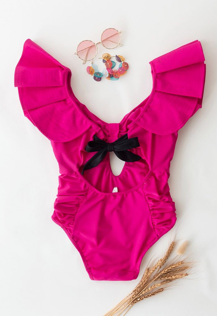 Plunging V-Neck Ruffle One-Piece Swimsuit in Magenta