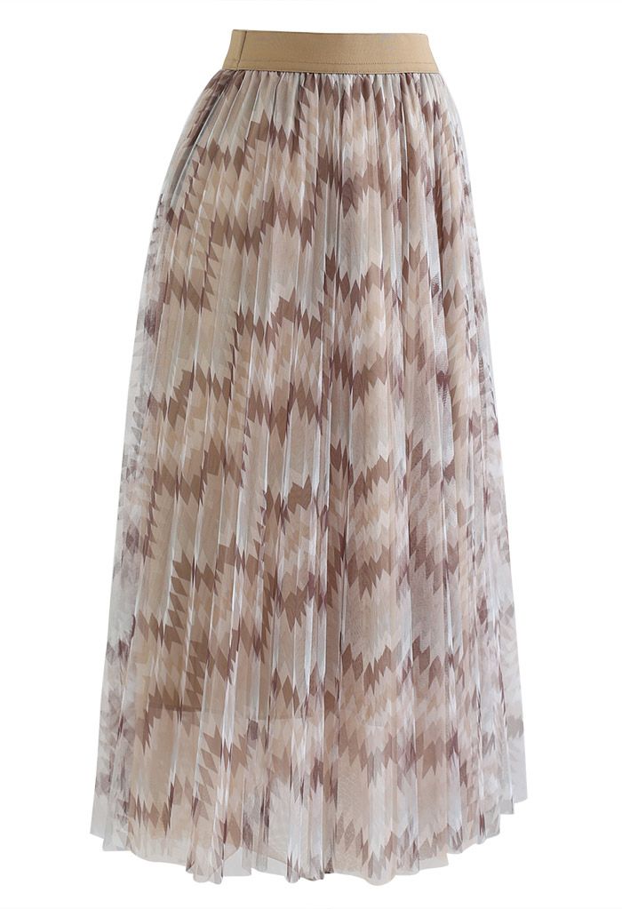 Chevron Pattern Pleated Mesh Skirt in Brown