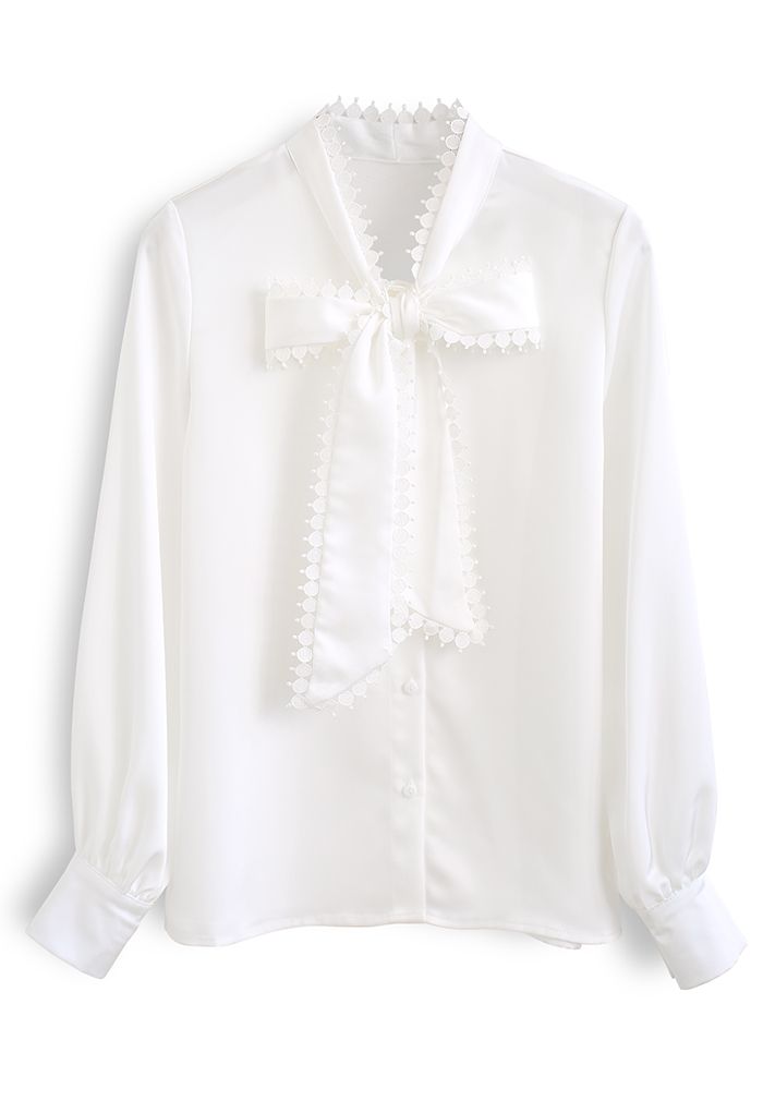 Crochet Edge Bowknot Satin Shirt in White - Retro, Indie and Unique Fashion