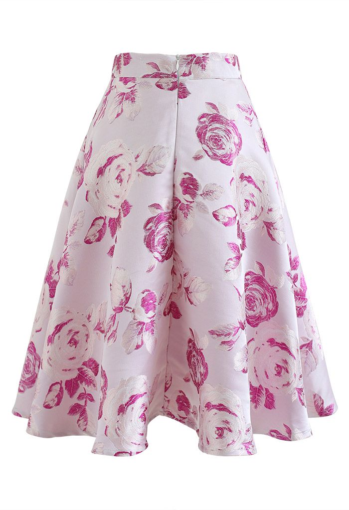 Exuberant Pink Rose Jacquard Flare Skirt - Retro, Indie and Unique Fashion