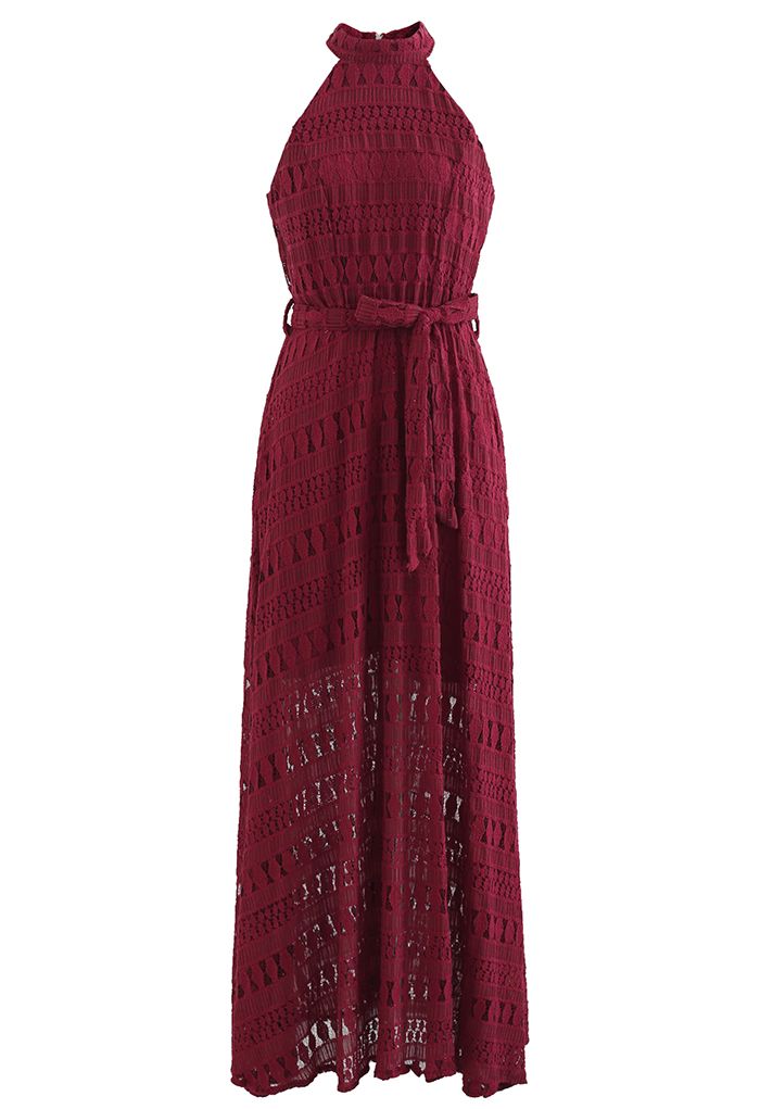 Embroidered Hollow Out Halter Neck Maxi Dress in Red