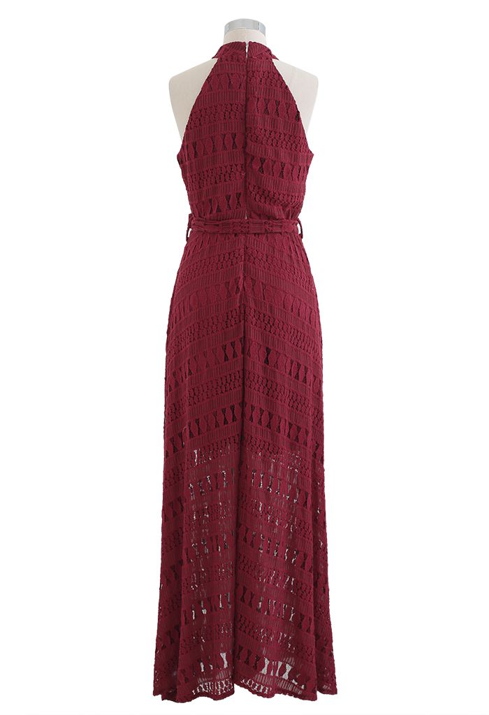 Embroidered Hollow Out Halter Neck Maxi Dress in Red