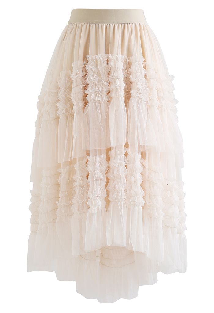 Ruffle Tiered Hi-Lo Mesh Tulle Skirt in Cream