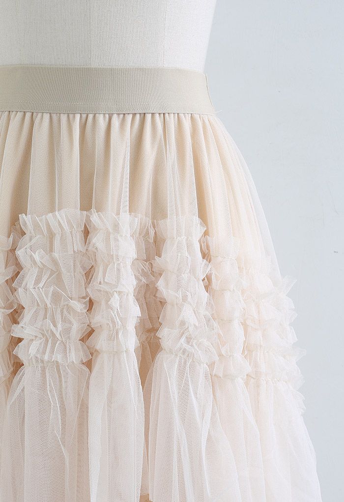 Ruffle Tiered Hi-Lo Mesh Tulle Skirt in Cream - Retro, Indie and 