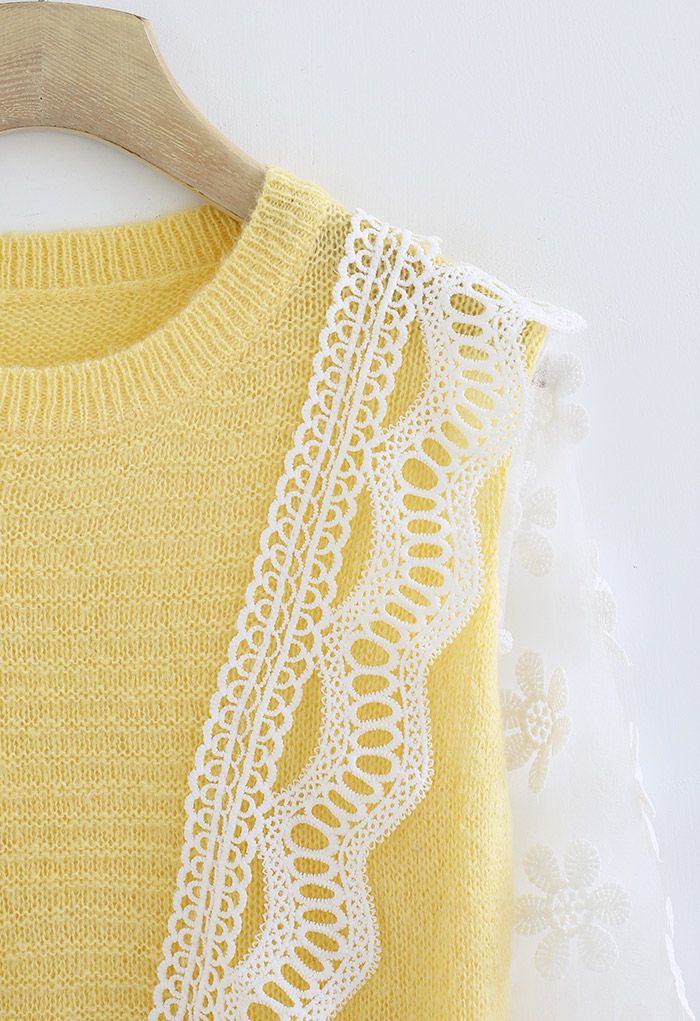Crochet Flower Mesh Sleeve Spliced Knit Top in Yellow