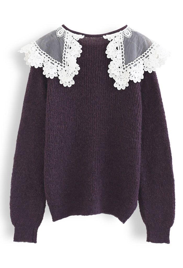 Lacy Doll Collar Fuzzy Knit Sweater in Purple