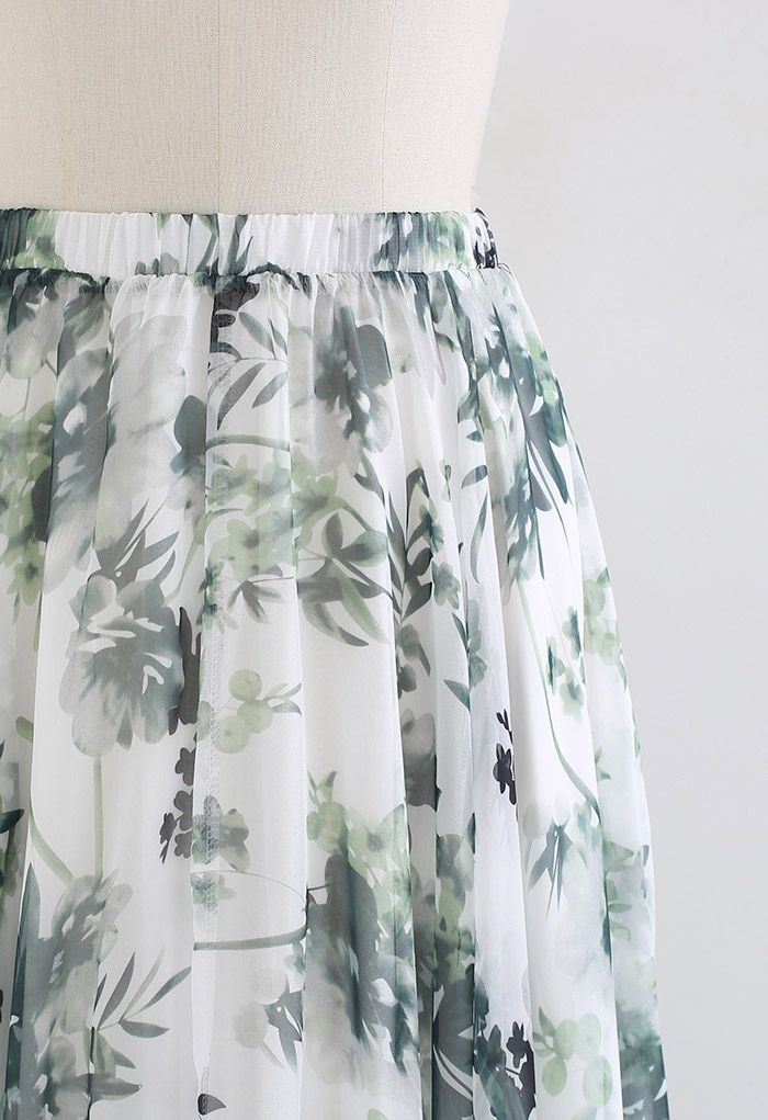 Greenish Watercolor Chiffon Maxi Skirt - Retro, Indie and Unique Fashion