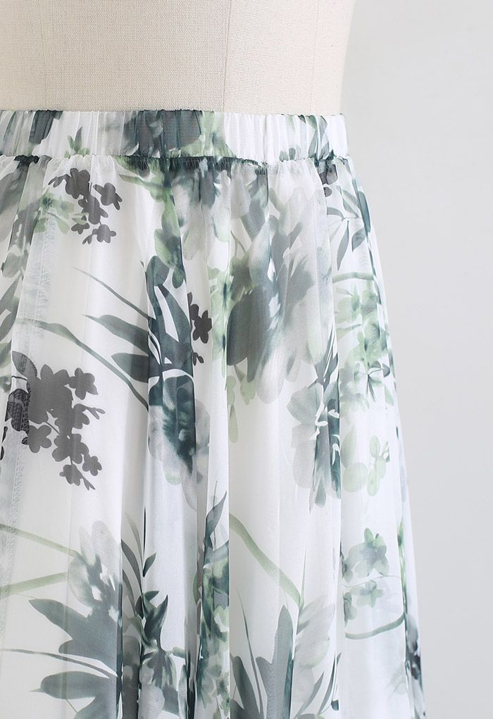 Greenish Watercolor Chiffon Maxi Skirt - Retro, Indie and Unique Fashion