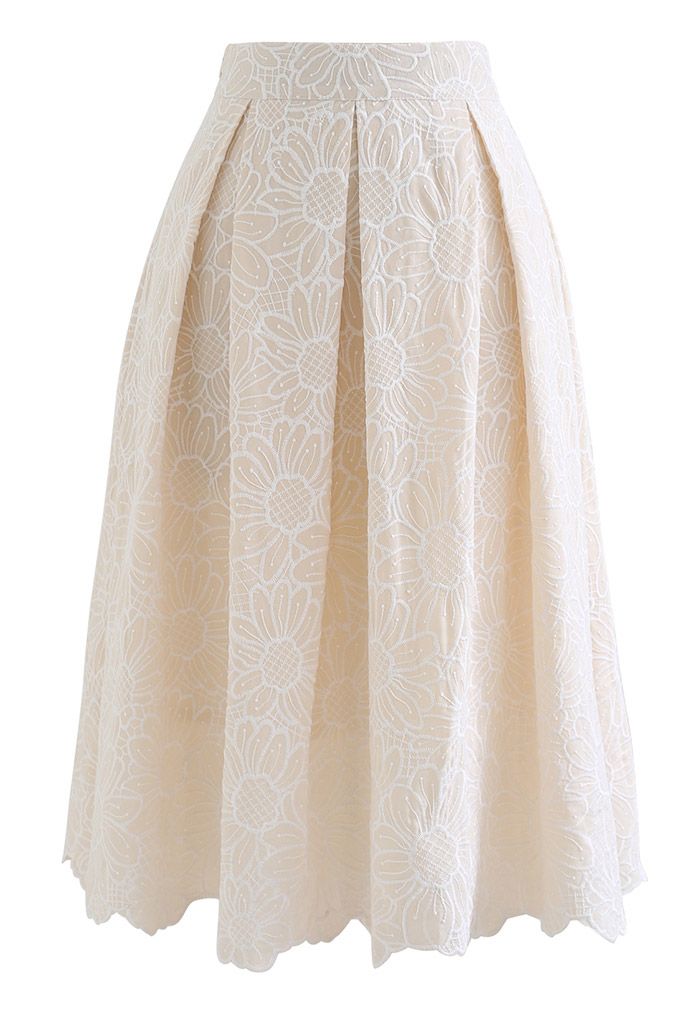 Embroidered Sunflower Pleated Midi Skirt in Cream - Retro, Indie and ...
