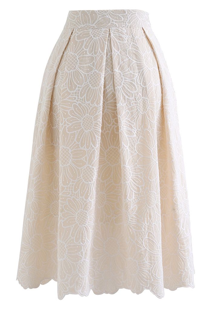 Embroidered Sunflower Pleated Midi Skirt in Cream - Retro, Indie and ...