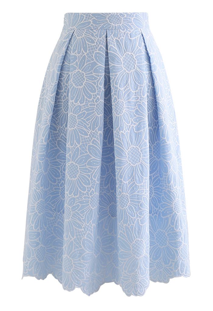 Embroidered Sunflower Pleated Midi Skirt in Light Blue - Retro, Indie ...