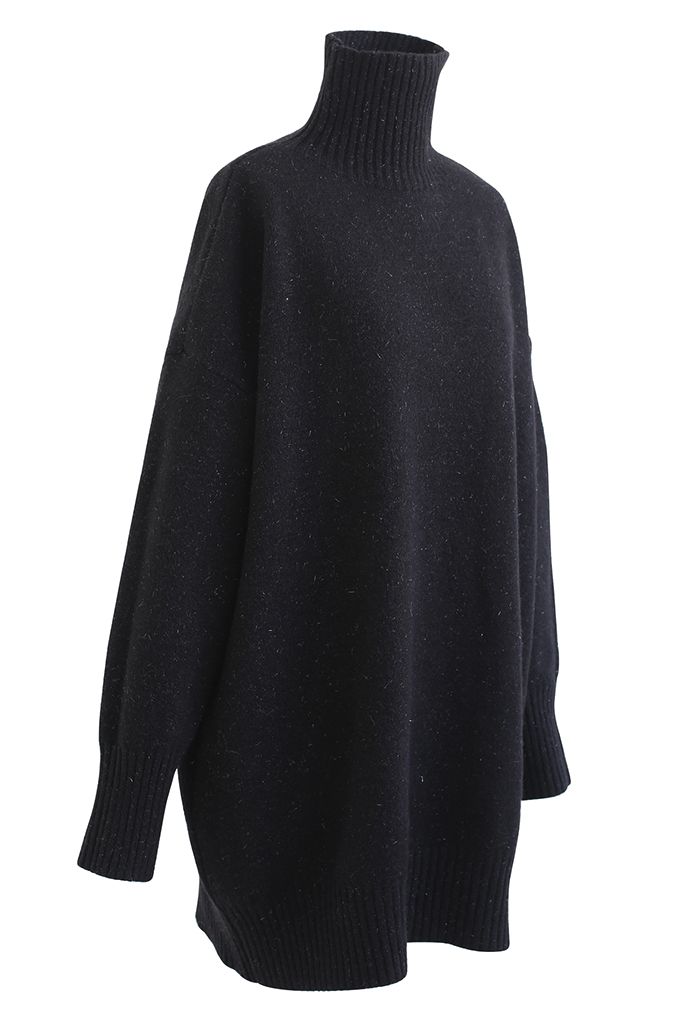 Black Turtleneck Shimmer Knit Longline Sweater