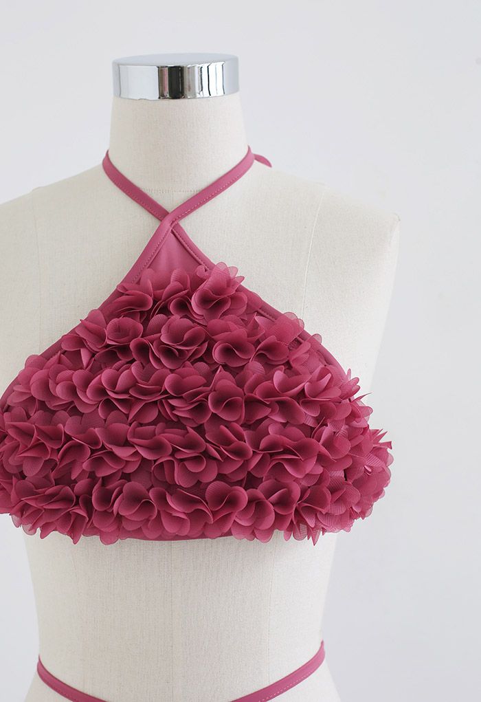 3D Petal Triangle Self-Tie Bikini Set in Coral