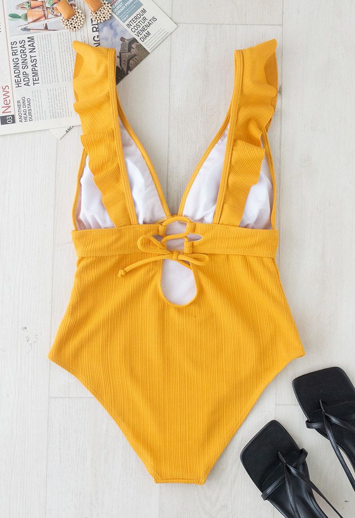 Deep-V Lace-Up Ruffle Swimsuit in Mustard