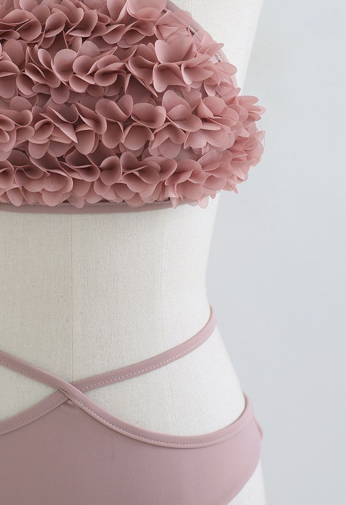 3D Petal Triangle Self-Tie Bikini Set in Light Pink