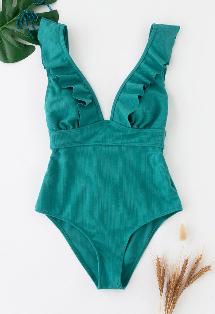 Deep-V Lace-Up Ruffle Swimsuit in Turquoise - Retro, Indie and Unique ...