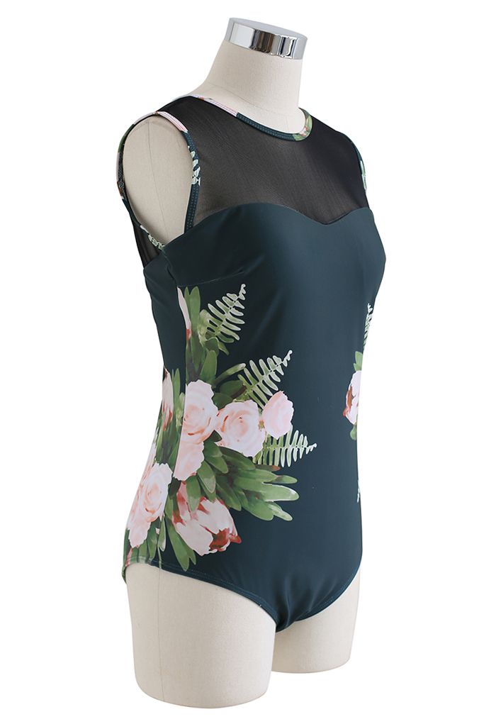 Mesh Spliced Floral Print One-Piece Swimsuit