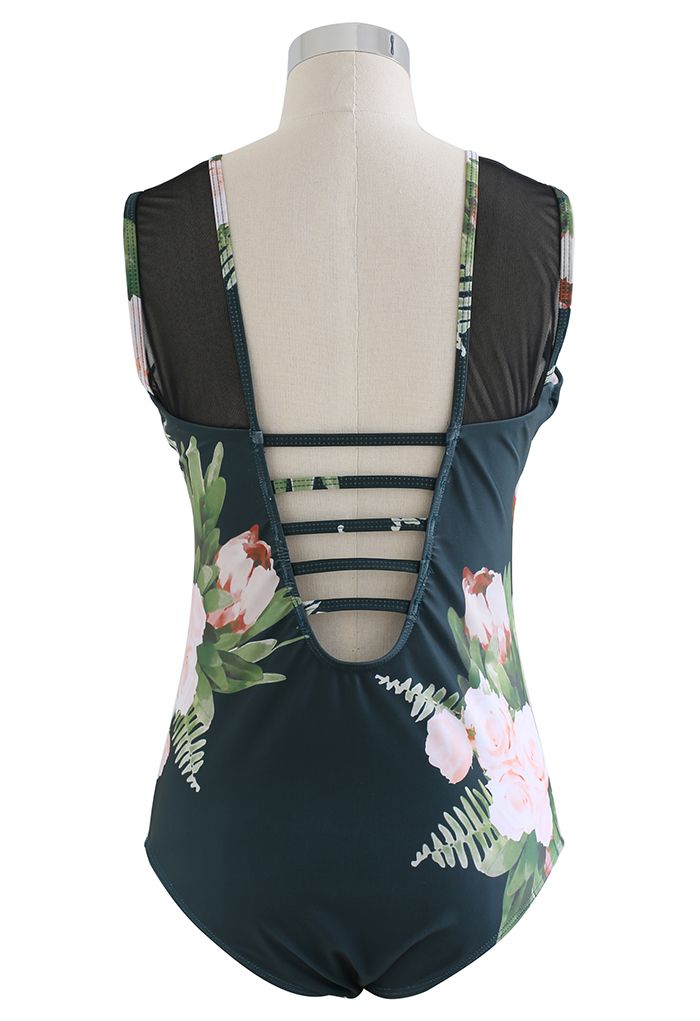 Mesh Spliced Floral Print One-Piece Swimsuit