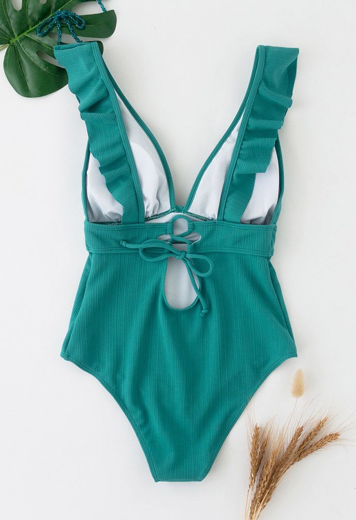 Deep-V Lace-Up Ruffle Swimsuit in Turquoise